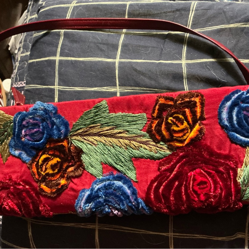 Santi Red and Blue Shoulder Bag with Floral Embroidery